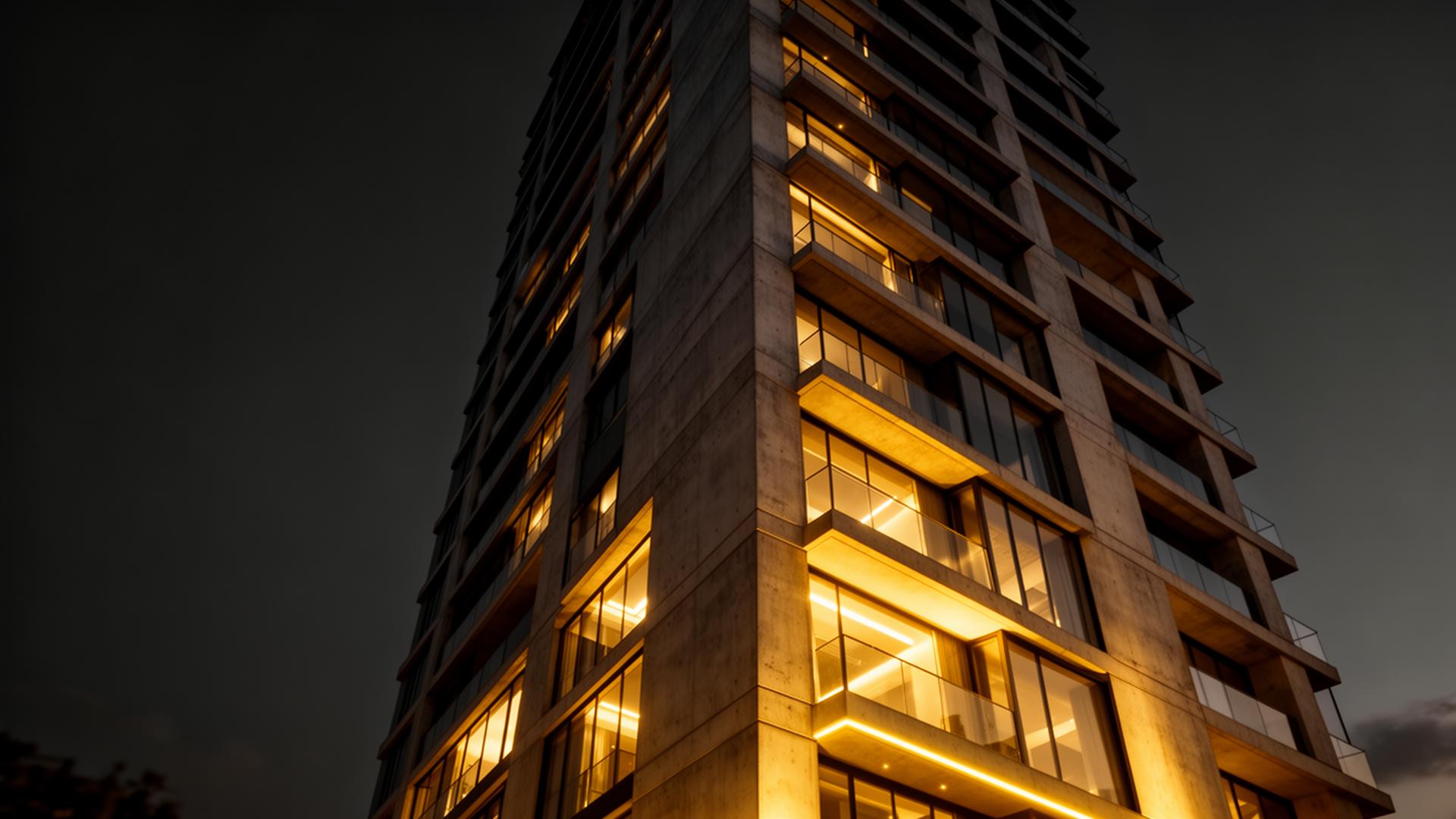 Illuminated luxury residential tower at dusk